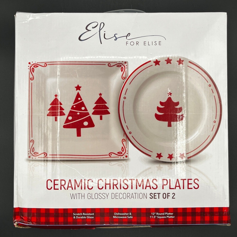 Elise for Elise Ceramic Christmas Plates Set of 2 Red White Tree Platters in Box